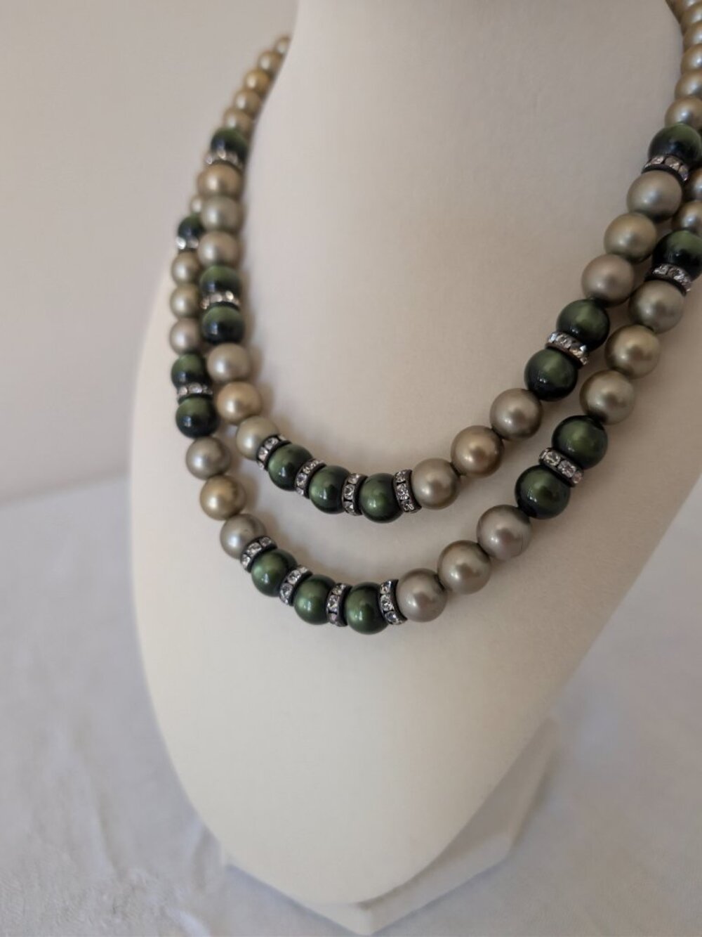 Signed Hobe Pave Glass Paste Rondelles and Pearls Two Strand Beaded Necklace